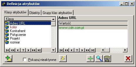 Rys. 1.73 Definicja atrybutów, zakładka: Klasy atrybutów. Pokazuj nieaktywne. Zaznaczenie pola spowoduje wyświetlenie w oknie takŝe klas atrybutów nieaktywnych.