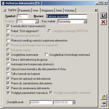 Rys. 1.82 Definicja dokumentu, zakładka: Ogólne (Faktura sprzedaŝy). 1.21.2.2 Definicja dokumentu, zakładka: Parametry Na zakładce znajdują się pola opisane poniŝej. Część pól na Rys. 1.83 jest wyszarzonych dla definicji faktury sprzedaŝy, na przykładzie której omawiane są funkcje.