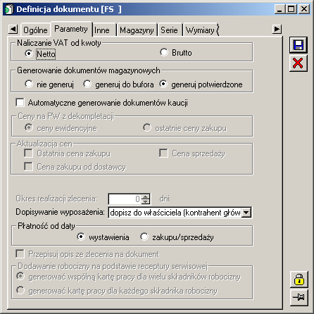 Rys. 1.83 Definicja dokumentu, zakładka: Parametry. 1.21.2.3 Definicja dokumentu, zakładka: Inne Na zakładce znajdują się następujące pola: Edycja cen i rabatów na pozycjach dokumentu.