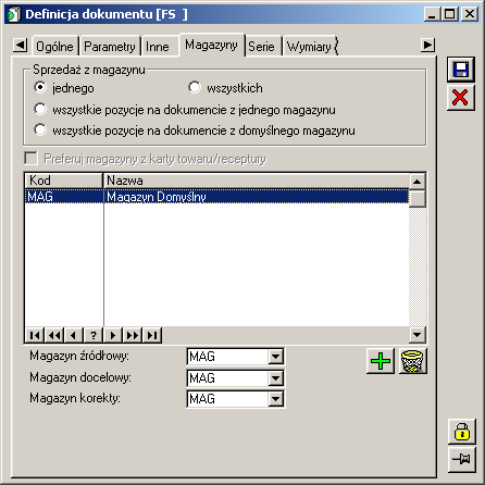 Usunięcie magazynu z listy następuje przez jego zaznaczenie i naciśnięcie przycisku: [Usuń]. Na zakładce moŝna równieŝ wskazać magazyny: źródłowy, docelowy i korekty.