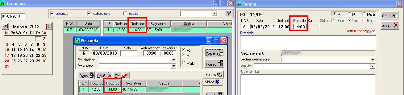 15. Termin nowe pole godz. do W oknie terminu (okno sprawy -> zakładka terminy ) dodano dodatkowe pole pozwalające na określenie godziny zakończenia danej rozprawy/posiedzenia.