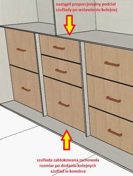 Po zapisaniu zmian wysokość danej szuflady nie będzie już proporcjonalnie dostosowywana podczas wstawiania dalszych szuflad. Rys.