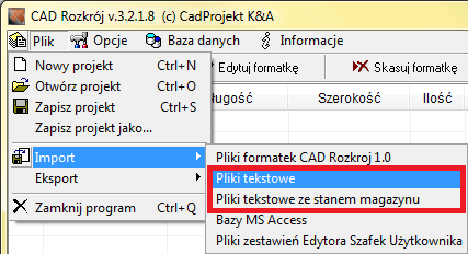 Rys. 110 plik CVS z hipotetycznymi arkuszami w magazynie Omawiane pliki CSV można zaimportować do programu CAD Rozkrój, wybierając w nim kolejno funkcje: Plik Import Pliki tekstowe (należy wskazać