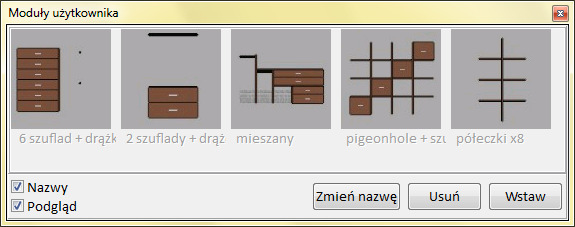 Dotyczy wszystkich elementów poza półkami głównymi - jeśli znajdują się w obszarze zaznaczenia, opcje nie są dostępne. Wyczyść komórkę - usuwa wszystkie elementy w komórce.