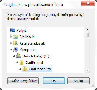 Katalog instalacji modułu można również wskazać samodzielnie - wybierając opcję drugą: Katalog wybrany ręcznie.