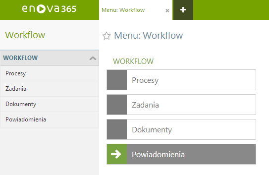 Widok po zalogowaniu do systemu Powiadomeinia Po wybraniu menu Workflow,