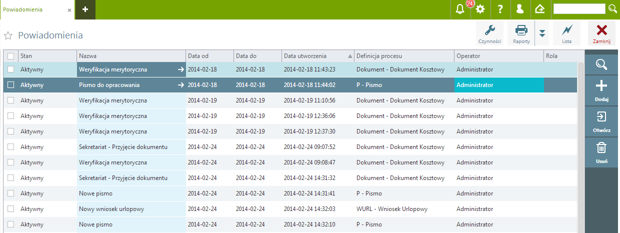 Menu Workflow Zarządzanie procesami oraz praca na nich odbywa się z poziomu powiadomień.