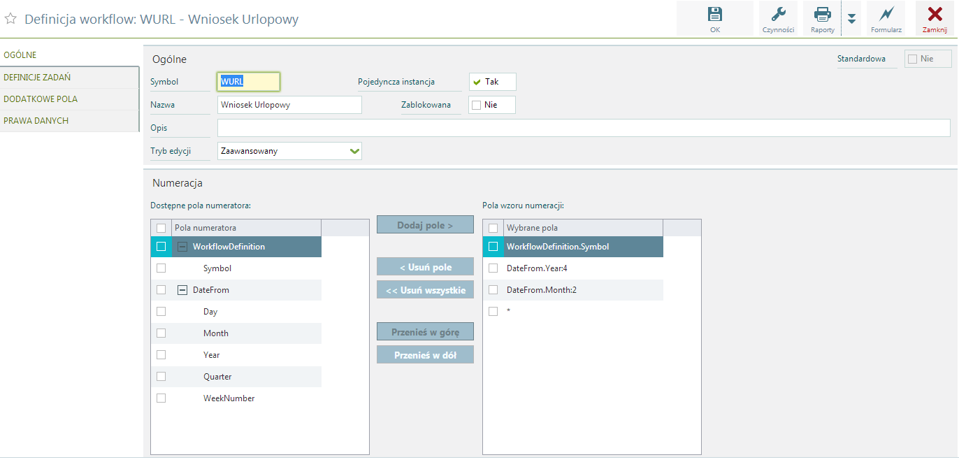 Folder konfiguracji enova Workflow Lista Definicje przepływów zawiera wzorce procesów.