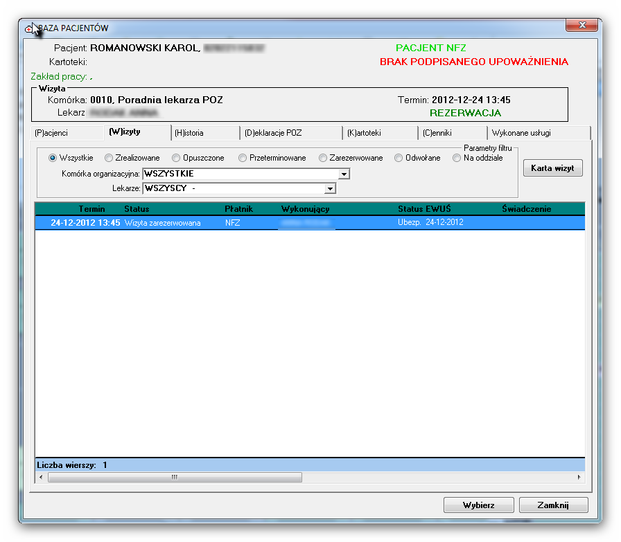 Na liście pacjentów widoczny jest ostatni status ubezpieczenia.
