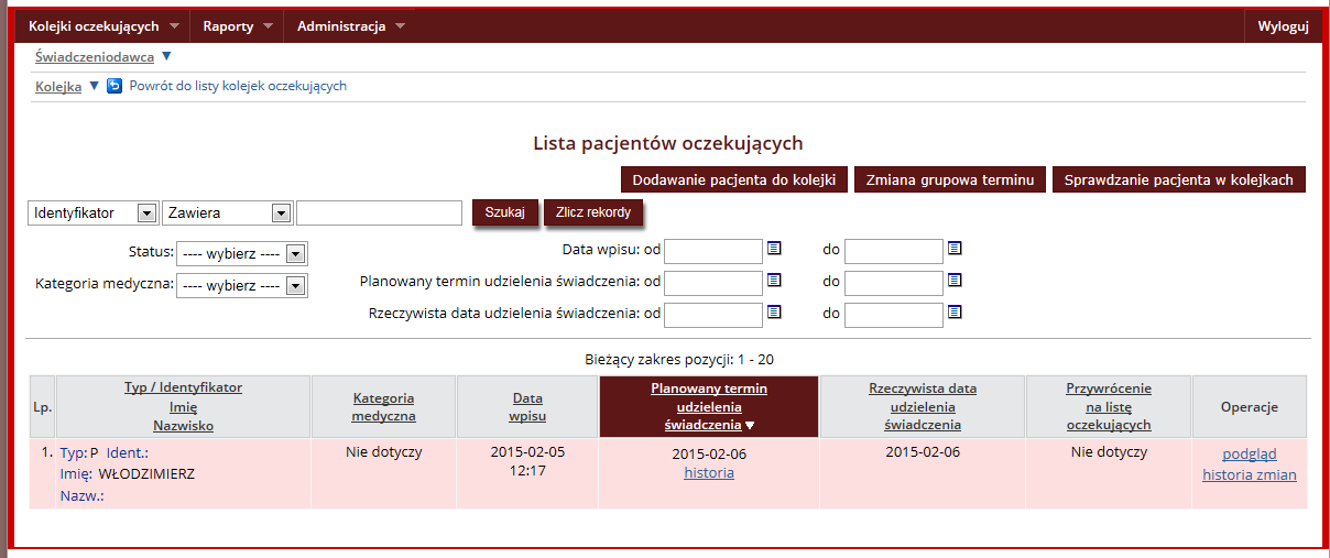 DODAWANIE PACJENTA DO KOLEJKI 105