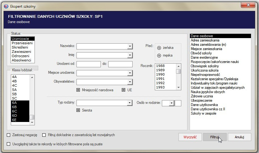 Eksport danych uczniów do pliku programu HERMES Uwaga! Wybór danych w tabeli okna głównego nie ma związku z danymi eksportowanymi do Hermesa.