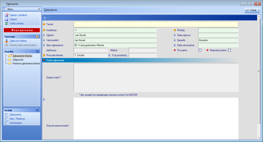Instrukcja instalacji > Ewidencja zgłoszeń Rysunek 3-8 Okno Zgłoszenie W dalszej części instrukcji zostaną omówione poszczególne aspekty, widoki oraz elementy okna Zgłoszenie. 3.2.