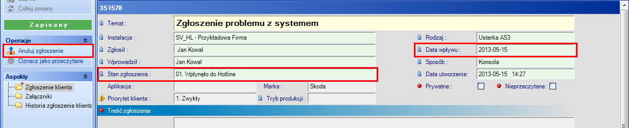 Instrukcja instalacji > Ewidencja zgłoszeń Przekazać zgłoszenie do hotline w tym przypadku użytkownik powinien wybrać przycisk Zgłoś do Hotline (Rysunek 3-18).