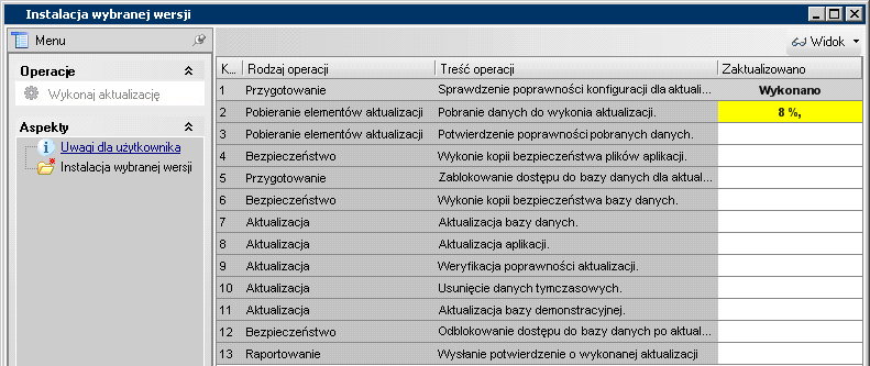 Instrukcja instalacji > Aktualizacje Rysunek 5-6 Aspekt Uwagi dla użytkownika okna Konfiguracja instalacji 5.3.