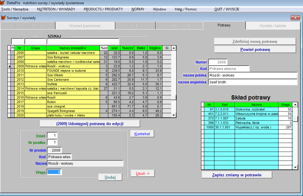 Za pomocą zakładki potrawy można: definiować nową potrawę po wciśnięciu tego przycisku program nadaje unikalny kod potrawy a użytkownik proszony jest o podanie jej nazwy.