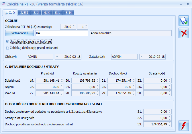 str. 21 5.11.1. Zaliczki na PIT-36/PIT-36L Lista zaliczek jest otwierana z menu przez wybór: Księgowość/ Zaliczki na PIT-36/PIT-36L. Rys.