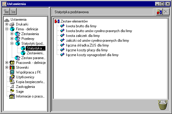 5 14 Podręcznik użytkownika Symfonia Płace Drzewko ustawień Drzewko elementów wchodzących w skład zestawienia Wybrane zestawienie Kosz Rys. 5-14 Ustawienia zawartości karty statystyki firmy.