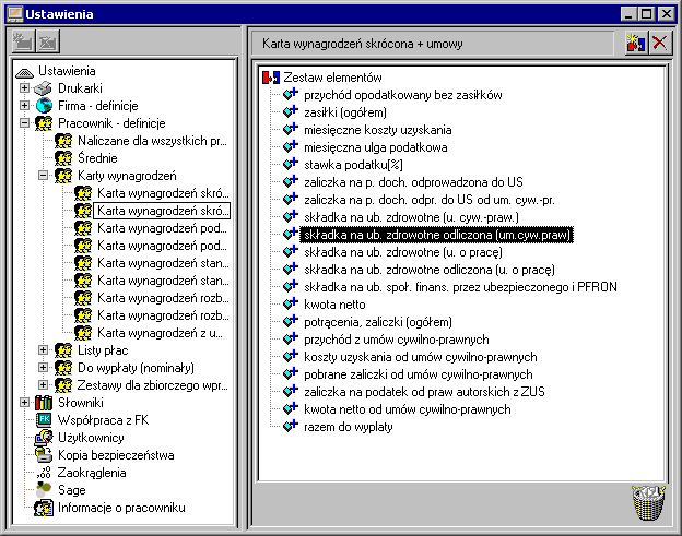 Przygotowanie programu do pracy 5 17 Drzewko ustawień Drzewko elementów wchodzących w skład kart wynagrodzeń pracowników Kosz Rys. 5-17 Ustawienia zawartości kart wynagrodzeń pracowników.