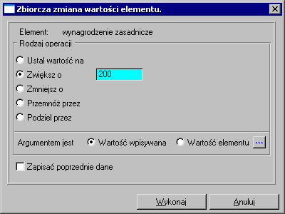 Bieżąca praca z programem 3 5 Rys. 3-7 Okno Zbiorcza zmiana wartości elementów. Element nazwa elementu, którego wartość ma być zmieniona.