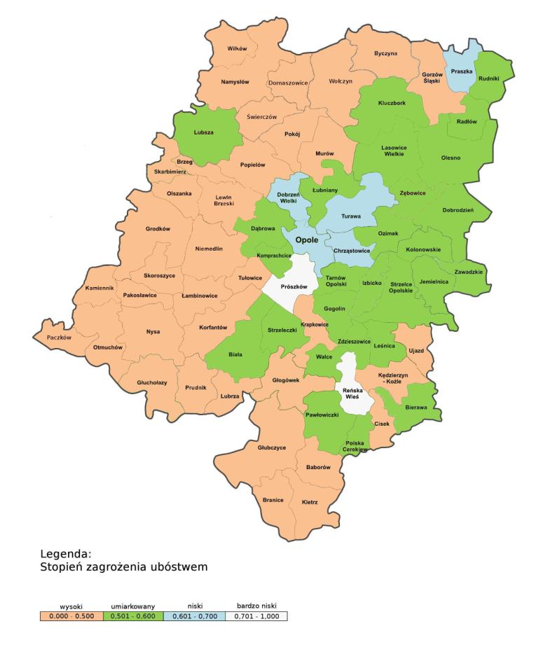 14 Mapa 2. Stopień zagrożenia ubóstwem w woj. opolskim obliczony wg metody wzorca rozwoju stan na 31.12.2012 r. W stosunku do 2011 r.