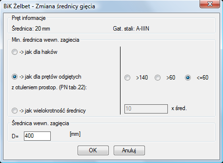 BiK8 ŻELBET 69 Zmiana średnicy gięcia [GIP] Polecenie do zmiany średnicy gięcia prętów widokowych głównych i strzmion.