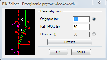 74 BiK8 ŻELBET Przegięcie pręta widokowego [ODPW] Przegięcie pręta widokowego. Polecenie to służy do wstawiania w przebiegu wybranego segmentu pręta przegięcia (np.