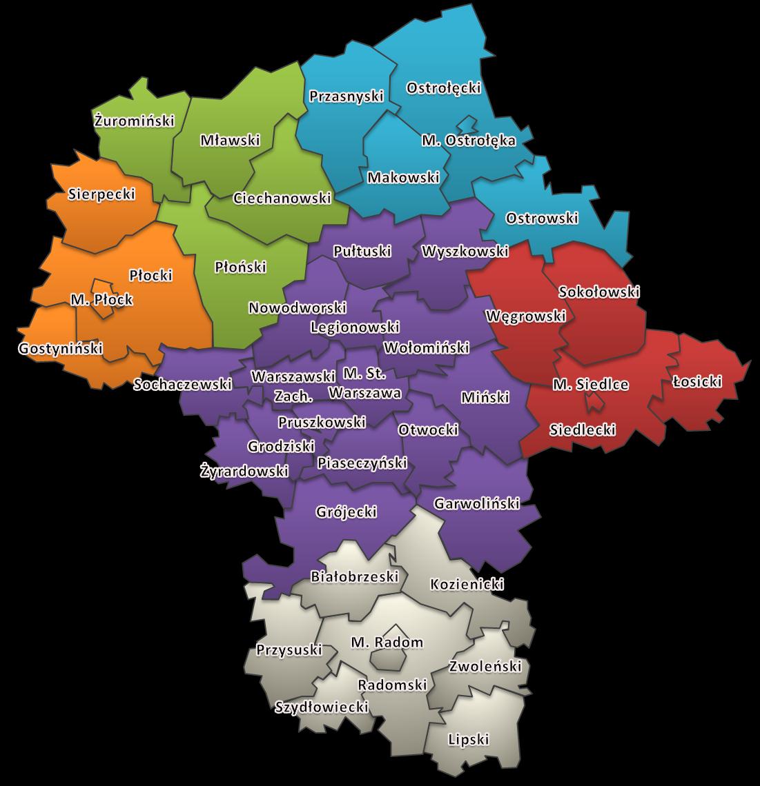 2011 OCENA ZASOBÓW POMOCY SPOŁECZNEJ Mapa 1: Województwo Mazowieckie - mapa administracyjna z nazwami powiatów. Źródło: Opracowanie własne.