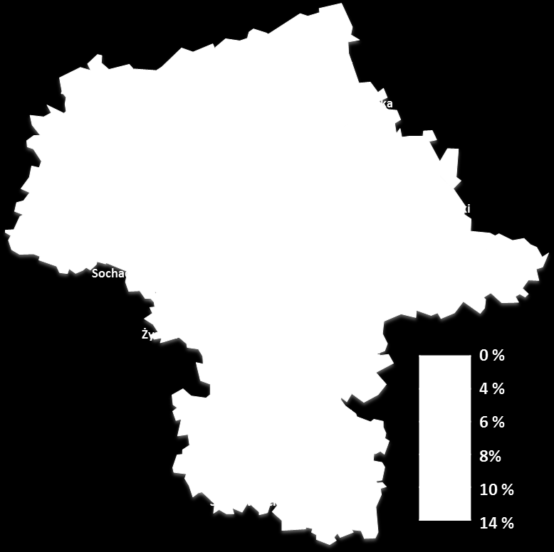 2011 OCENA ZASOBÓW POMOCY SPOŁECZNEJ Mapa 2: Stosunek zarejestrowanych osób bezrobotnych do liczby mieszkańców w gminach w 2011 r. Źródło: Opracowanie własne.