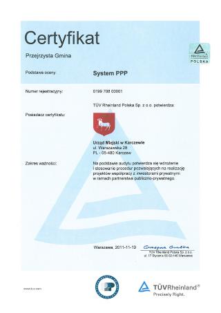 W listopadzie 2011 roku Gmina Karczew poddała się weryfikacji, dokonywanej przez TUV Rheinland, międzynarodową firmę specjalizującą się w certyfikowaniu i otrzymała certyfikat potwierdzający, że jest