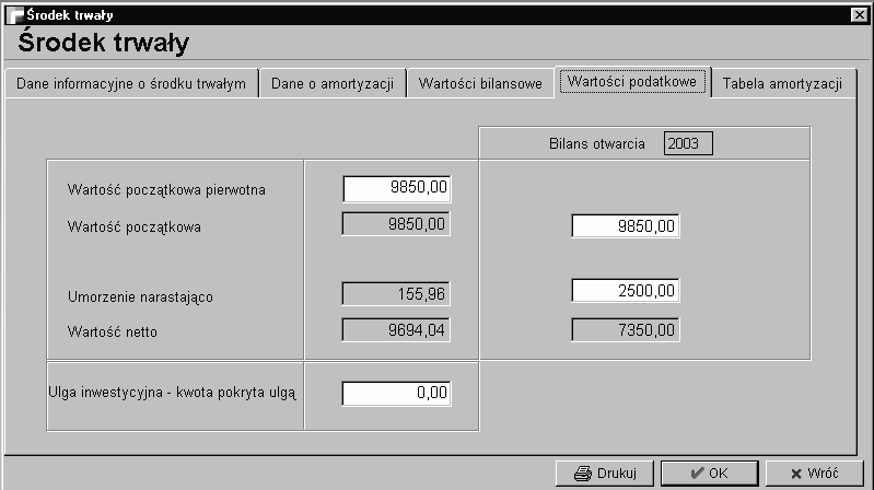 Wartość netto Jest to pole wypełniane przez program automatycznie. Kwota ta jest równa różnicy między wartością początkową aktualną a umorzeniem narastająco.