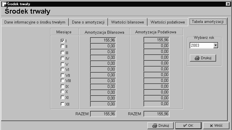 tego miejsca wydruk tabeli amortyzacji bilansowej i podatkowej za wybrany rok dla danego środka trwałego.