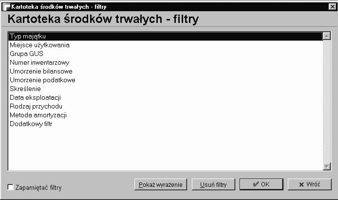 Kartoteka środków trwałych zawiera następujące parametry filtrowania: Typ majątku... pozwala na określenie, jakiego typu majątek trwały ma być wyświetlany w tabeli.