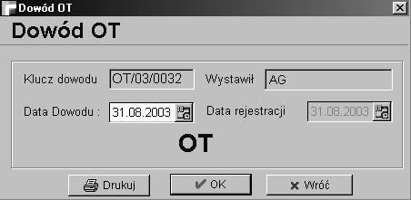 4. Przyjęcie dowody OT Tabela ta zawiera listę utworzonych w module dowodów OT (przyjęcie środka trwałego).