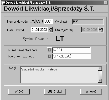 5. Likwidacja/sprzedaż - dowody LT Tabela ta zawiera listę utworzonych w module dowodów LT (likwidacja/sprzedaż środka trwałego).