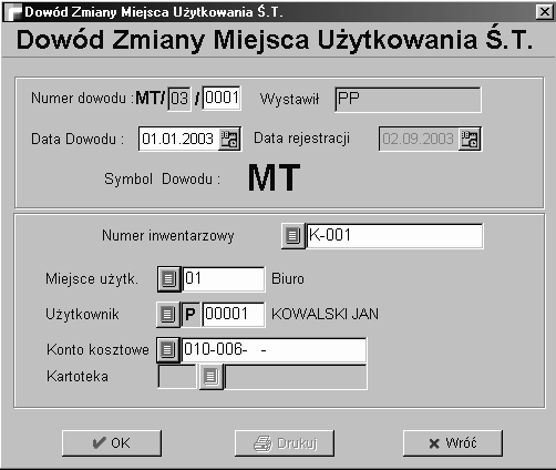 6. Zmiana miejsca użytkowania - dowody MT Tabela ta zawiera listę utworzonych w module dowodów MT (zmiana miejsca użytkowania środka trwałego).