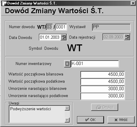 7. Zmiana wartości - dowody WT Tabela ta zawiera listę utworzonych w module dowodów WT (zmiana wartości początkowej i/lub umorzenia środka trwałego).