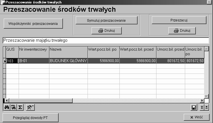 Wygenerowane zostaną też automatycznie dowody PT (przeszacowanie środka trwałego) dla każdego środka trwałego.