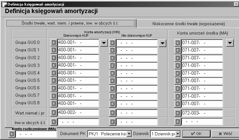 13. Definicja księgowań amortyzacji Formularz ten służy do zdefiniowania kont WN i MA dla księgowania comiesięcznej amortyzacji i umorzenia środków trwałych w module Księga handlowa i powinien być