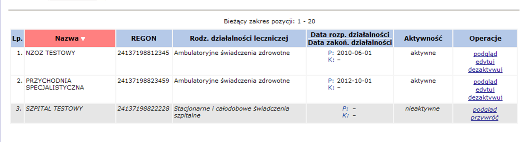 Przywracanie nieaktywnego przedsiębiorstwa Obszar: Przedsiębiorstwa podmiotu leczniczego Funkcja: Przywróć Funkcja Przywróć umożliwia