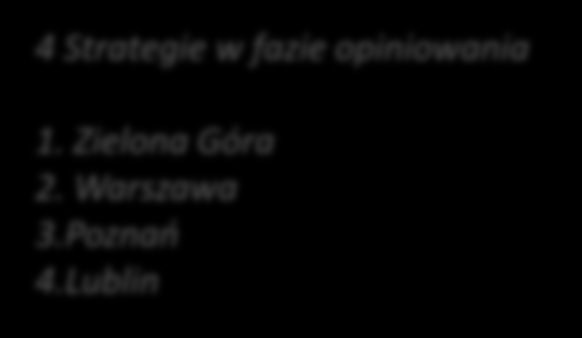 Do MIR przesłanych zostało 12 strategii ZIT, z czego dla 8 wydano opinię. 1. Opole 2. Kraków 3.Katowice (Śląsk) 4.Gorzów Wlkp. 5.Szczecin 6.Kielce 7.Olsztyn 8.