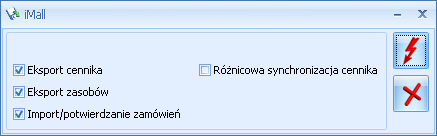 Rys. imall24 synchronizacja. Należy wskazać, czego ma dotyczyć synchronizacja. Oddzielnie można dokonywać eksportów samych towarów, a oddzielnie importu zamówień.