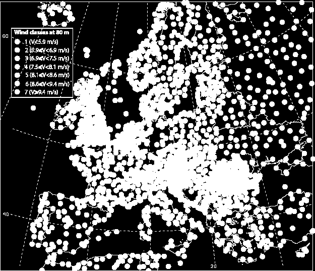 Archer i Jacobson (2005) dokonali próby oceny światowych zasobów energii wiatru dla wysokości 80m przyjętej dla szeroko stosowanych turbin o mocy 1500MW i średnicy 77 m.