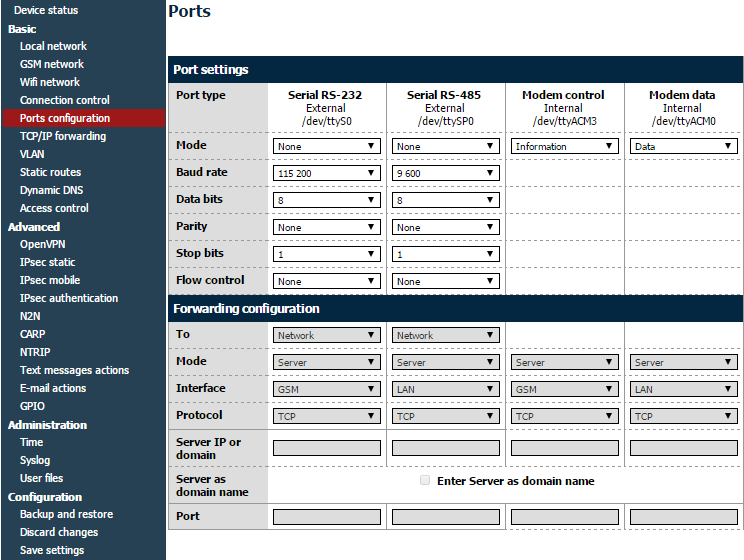 7.2.7 Ustawienia portów (Ports configuration) Możliwe jest ustawienie parametrów portu szeregowego RS232.