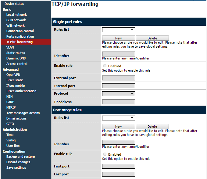 7.2.8 TCP/IP forwarding Możliwe jest ustawienie pojedynczych portów lub zakresów portów, które będą przekierowane na dany adres IP.