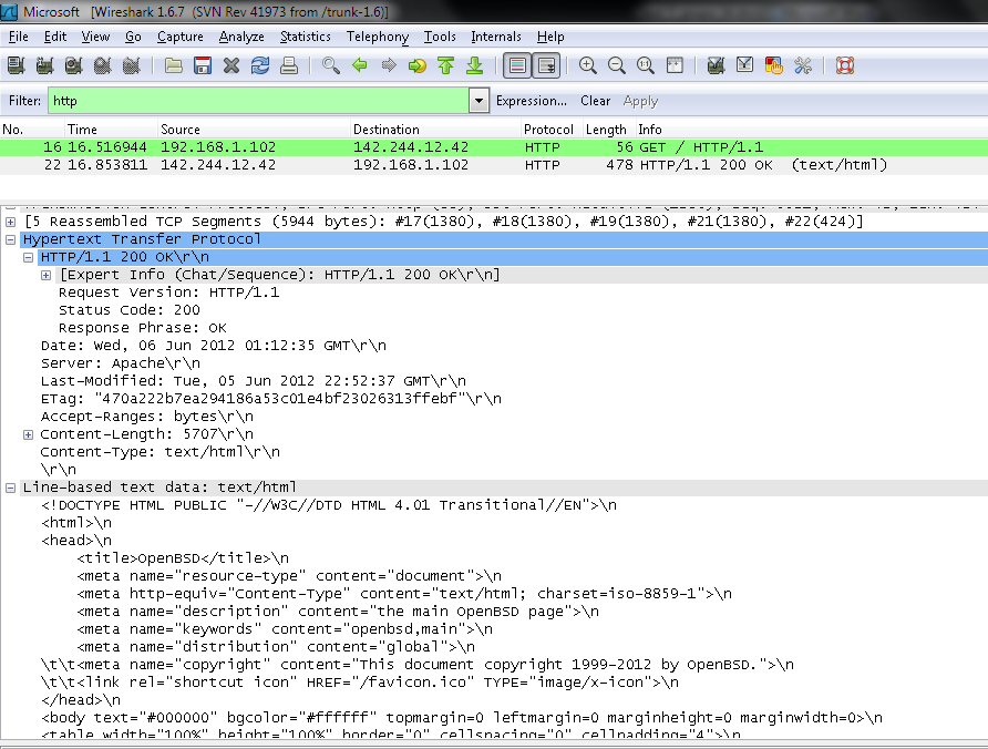 W Wiresharku z kolei widzimy wysłane przez nas żądanie HTTP, zgadza się z tym, co wpisaliśmy do programu telnet. Żądaliśmy głównego zasobu protokołem HTTP w wersji 1.