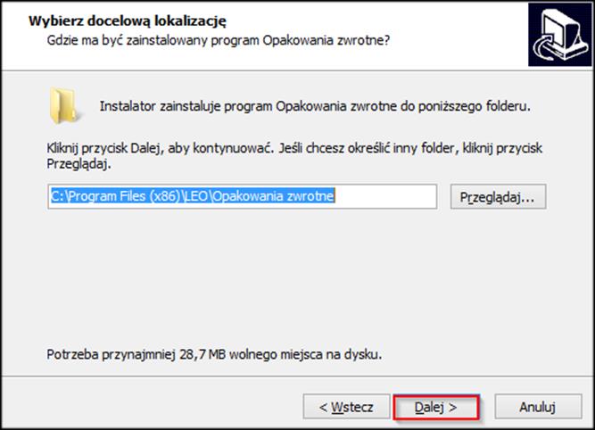 Kolejnym krokiem jest akceptacja warunków umowy licencyjnej oraz naciśnięcie przycisku Dalej. Rysunek 9 W oknie kreatora pojawi się możliwość wybrania folderu w którym ma zostać zainstalowany program.