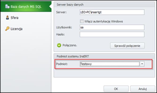 Użytkownik i hasło login i hasło do serwera SQL (nie mylić z loginem i hasłem do Subiekta). Domyślnie użytkownik serwera MS SQL to sa, a hasło do niego jest puste.
