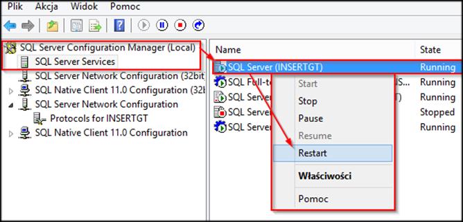 Po zapisaniu zmian należy zrestartować serwer SQL. W tym celu należy wybrać SQL Server Configuration Manager, a następnie SQL Server Services.