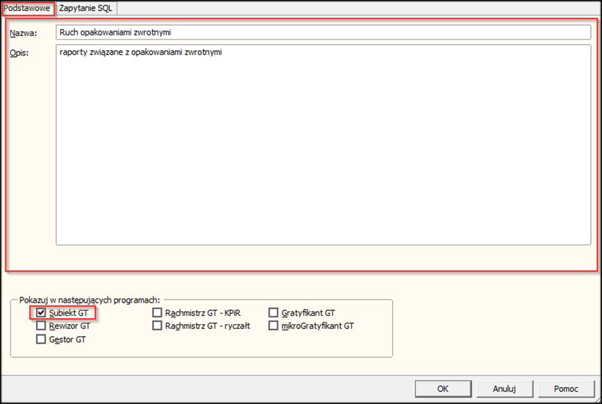 6.3 Dodanie zestawień w Subiekcie Treść zapytania SQL znajduje się w plikach dołączonych do programu (rozdział 8.1.5): "Ruch opakowaniami zwrotnymi.