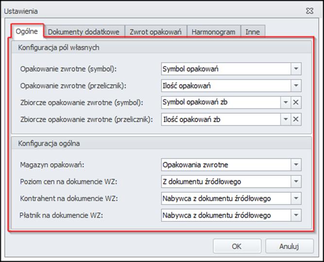 8.1.1.1 Ustawienia Ogólne W oknie tych ustawień można zdefiniować następujące pola: Konfiguracja pól własnych Opakowania zwrotne (symbol i przelicznik), Zbiorcze opakowania zwrotne (symbol i